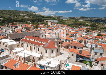 View of Omodos village and Timios Stavros Monastery. Limassol District, Cyprus Stock Photo