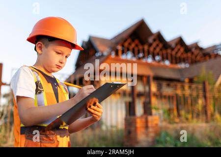 Child in a suit of an engineer is checking and inspecting the building Stock Photo