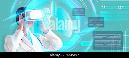 Young woman doctor looking at hologram of lungs, using VR Stock Photo
