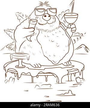 Walrus on the beach. North Pole world.Simple line illustration for coloring walrus.Coloring page Stock Vector