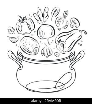 Vegetables falling into pot. Healthy eating, vegetarian food. Cooking vector illustration Stock Vector
