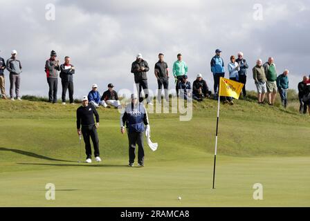 4th July 2023; West Lancashire Golf Club, Blundellsands, Liverpool, England: Final Qualifying for The Open; Sergio Garcia (ESP) with his caddie on the green at 13th hole Stock Photo