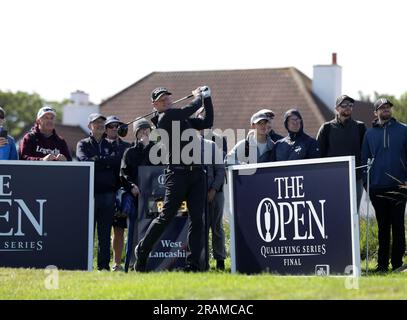 4th July 2023; West Lancashire Golf Club, Blundellsands, Liverpool, England: Final Qualifying for The Open;  Jamie Donaldson (ENG) plays from the tee at the opening hole Stock Photo