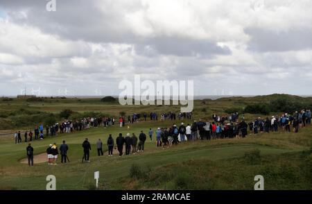 4th July 2023; West Lancashire Golf Club, Blundellsands, Liverpool, England: Final Qualifying for The Open; a gallery surrounds the green at the par three 12th hole Stock Photo