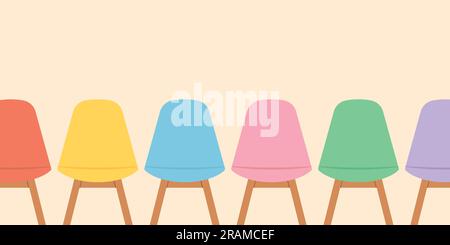 row of colorful chairs in a waiting room; diversity, recruitment, meeting concept- vector illustration Stock Vector