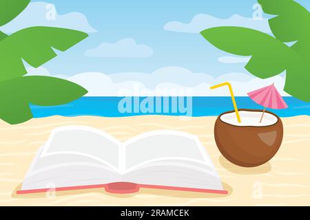 open book and coconut cocktail on tropical beach; summer vacation travel concept- vector illustration Stock Vector