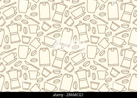 coffee seamless pattern with capsules, beans, cups, spoons, packages and french press - vector illustration Stock Vector