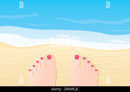 female feet on the tropical beach, top view - vector illustration Stock Vector