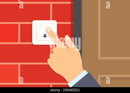 hand pressing on ringing bell near building entrance- vector illustration Stock Vector