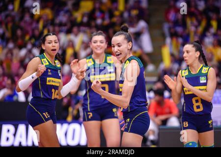 Bangkok, Thailand. 02nd July, 2023. Gabi (No.10) of Brazil celebrate after scoring a point during the FIVB Volleyball Women's Nations League between Thailand and Brazil at Hua Mak Indoor Stadium. Final score; Thailand 0:3 Brazil. Credit: SOPA Images Limited/Alamy Live News Stock Photo