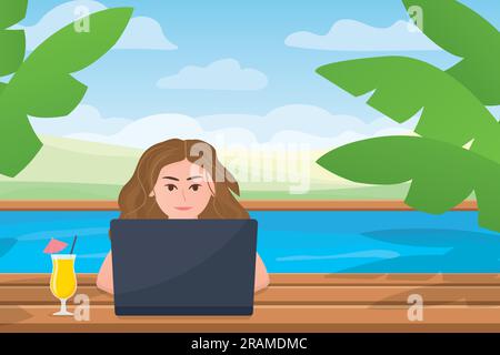 young woman working on a laptop from the swimming pool; online shopping, working remotely, workation, freelance work concept- vector illustration Stock Vector