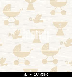 seamless paper texture with holy baptism symbols, baby pram, dove with olive twig and baptismal font- vector illustration Stock Vector