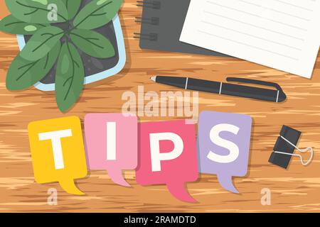 tips word written on colorful speech bubbles, flat lay desk view- vector illustration Stock Vector