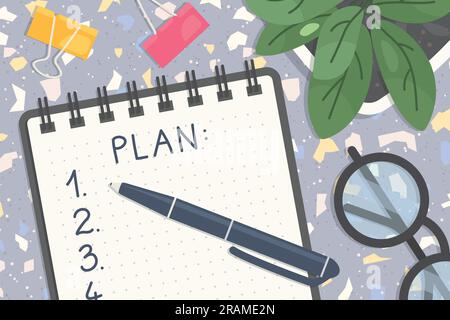 plan written in a spiral notebook, flat lay desk view- vector illustration Stock Vector