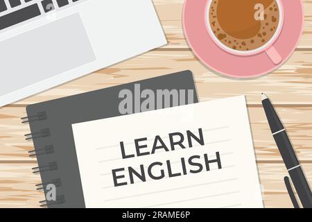 concept of learning english, flat lay composition on wooden desk- vector illustration Stock Vector
