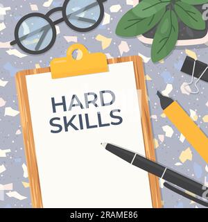 hard skills written on clipboard, flat lay composition on terrazzo table- vector illustration Stock Vector