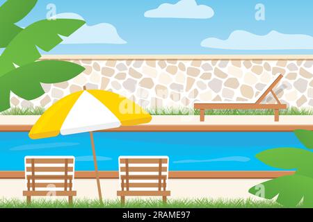 deck chairs, umbrella near the swimming pool in house backyard or hotel garden- vector illustration Stock Vector