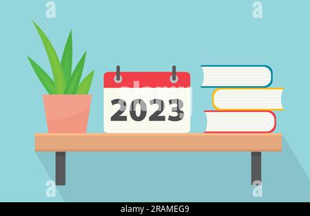 2023 year calendar on the bookshelf- vector illustration Stock Vector