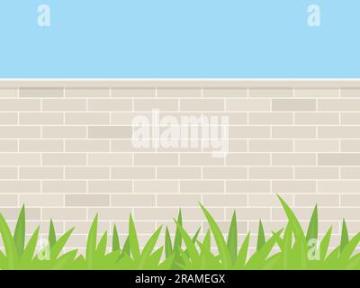 grey brick wall, green grass and blue sky- vector illustration Stock Vector