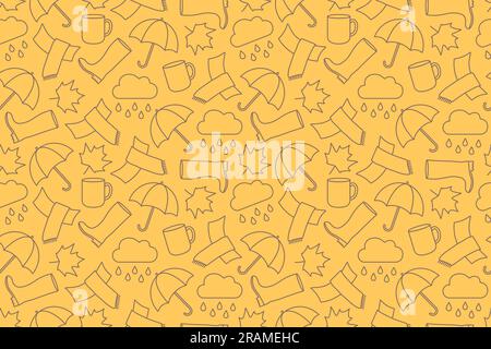 semless pattern with autumn related icons: rubber boots, scarf, rain cloud, tea cup and maple leaf, great for wrapping, textile, wallpaper, greeting c Stock Vector