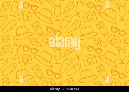 yellow summer seamless pattern with sun cream, sunglasses, hat, flip flops, ice cream and camera icons- vector illustration Stock Vector