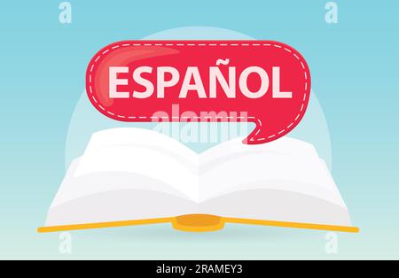 espanol (spanish language) written on speech bubble over open book, concept of learning language- vector illustration Stock Vector