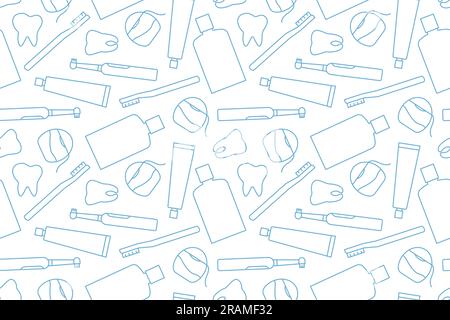 seamless pattern with dental hygiene products, toothbrush, dental floss, toothpaste, liquid mouthwash outline icons- vector illustration Stock Vector