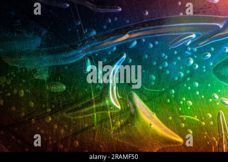 High res macro detail of transparent plastic foil packaging on black surface, design mock up, with rainbow colors , vacuum sealed pouch. Stock Photo