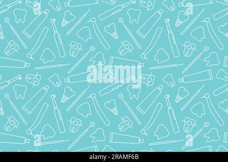 seamless pattern with dental pattern, toothbrush, implant, tooth bracket, paste, dentist tools outline icons- vector illustration Stock Vector