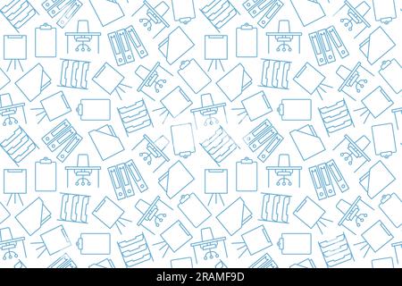 seamless pattern with office equipment icons: documents storage, desk with chair, whiteboard, file folder, binder - vector illustration Stock Vector