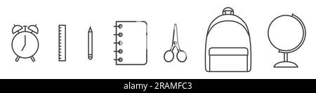 back to school icon set, alarm clock, ruler, scissors, pencil, notebook, scissors, backpack and globe - vector illustration Stock Vector