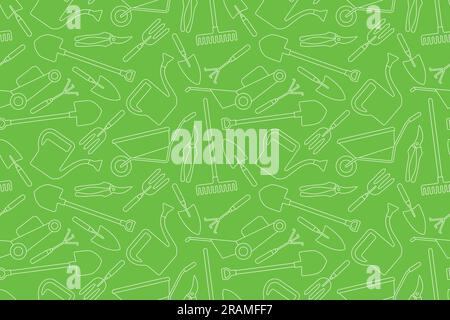 green seamless pattern with gardening tools- vector illustration Stock Vector