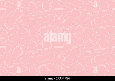 seamless pattern of different menstrual hygiene products: menstrual cup, sanitary pad, tampon, panty liner- vector illustration Stock Vector