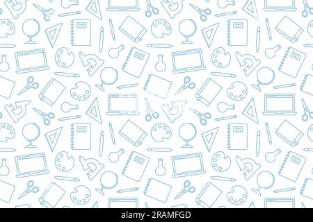 back to school seamless pattern, laptop, notebbok, scissors, pencil, brush, microscope, globe, book, triangle ruler icons - vector illustration Stock Vector