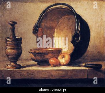 Still Life with Pestle, Bowl, Copper Cauldron, Onions and a Knife c ...