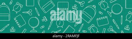 back to school banner, alarm clock, ruler, scissors, clips, pen, pencil, notebook, scissors, backpack and globe pattern- vector illustration Stock Vector