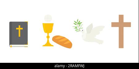 christianity, catholic church icon set; bible, holy communion, dove with olive brach and cross - vector illustration Stock Vector