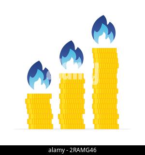 gas flames and growing stack of coins, rising gas prices concept, problem for households and businesses-  vector illustration Stock Vector