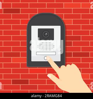 hand rings the house intercom with camera- vector illustration Stock Vector