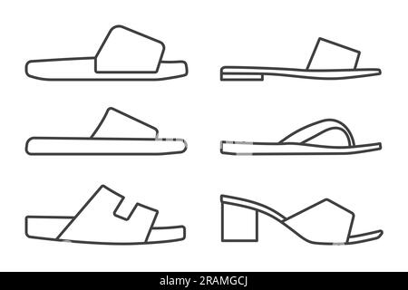 set of flip flops, slippers, summer woman footwear outline icons- vector illustration Stock Vector