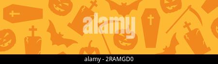 Halloween banner with bat, pumpkin, scythe, grave and coffin icons - vector illustration Stock Vector