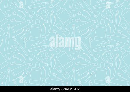 seamless pattern with dental, oral care products, toothbrush, tongue cleaner, mouthwash, paste, floss, outline icons- vector illustration Stock Vector