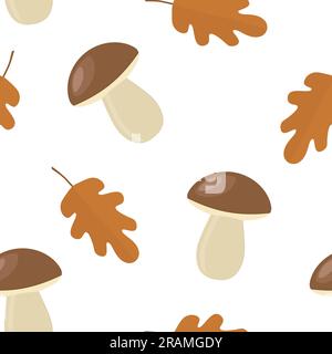 autumn seamless pattern of boletus mushrooms and oak leaves, great for wrapping, textile, wallpaper, greeting card- vector illustration Stock Vector