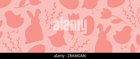 Easter banner with bunny, baby chicken, willow catkins branches, tulips and eggs - vector illustration Stock Vector