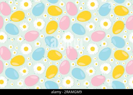 seamless Easter pattern with daisy flowers and colorful eggs- vector illustration Stock Vector
