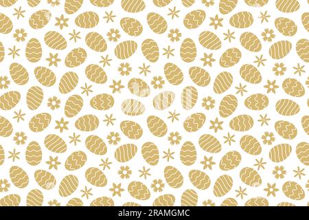 seamless Easter golden pattern with flowers and eggs - vector illustration Stock Vector