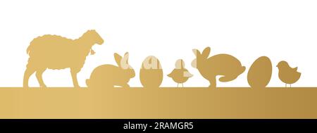 golden banner with easter animals and eggs- vector illustration Stock Vector