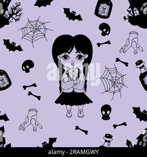 Seamless pattern Halloween with gothic girls with braids on purple background with mystical scary house, and hand thing, bats, skulls and rum. Vector Stock Vector