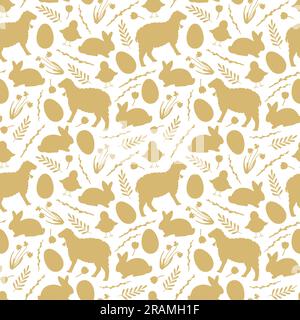 golden seamless easter pattern with lamb, bunny, eggs, baby chicken, and floral elements-vector illustration Stock Vector