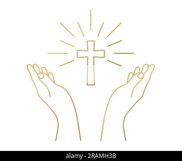 hands in praying, blessing position and cross  -vector illustration Stock Vector